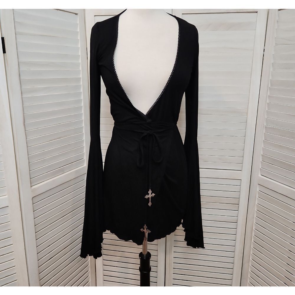 Dolls Kill Black Long Sleeve Deep V Mini Dress with Cross Charmv Size S